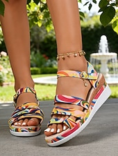 abordables Sandalias de cuña-Sandalias de plataforma coloridas para mujer: elegantes sandalias de tiras con hebilla ajustable &amp;Tacón de cuña, perfecto para vacaciones de verano y uso diario informal.
