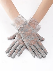 baratos Casamento ACC-Luvas femininas de poliéster com renda, design floral elegante e transparente, macias e leves, estilo clássico vintage em diversas cores, ideais para noivas, casamentos, festas noturnas, formaturas e eventos formais.