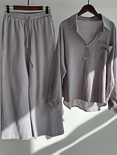 preiswerte Sets-Damen Baumwoll-Leinen Hosen Sets Bolero Oberteil Langarm Hemd Kragen Einfarbig Mode Streetwear Lässig Alltag Draußen Blau Schwarz Weiß Sommer Lockerer Schnitt