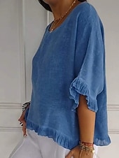 cheap Shirts-Women's Linen-feel Shirts Blouse Ruffle Solid Color Stylish Casual Half Sleeve Crew Neck Regular Tops Daily Blue Green Apricot Summer Spring Fall
