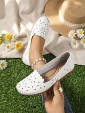 abordables Sandalias planas de mujer-Mocasines blancos transpirables con recortes para mujer con bordado floral, plantilla acolchada suave, elegantes zapatos mocasín casuales y cómodos, perfectos para caminar, viajar, picnics y fiestas