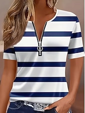 economico T-shirt a righe e geometrico-Per donna Maglietta Cerniera Zip a un quarto Grafico Geometrico Blocco di colori Tropicale Hawaiano Elegante Manica Corta Girocollo Top Regolari Matrimonio in Spiaggia Quotidiano Sportivo Blu Nero