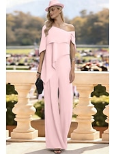 cheap Mom's Jumpsuits-Jumpsuits Floor Length Mother of the Bride Dress Short Sleeve Off Shoulder Elegant Formal Wedding Guest Wedding Party Chiffon with Ruffles