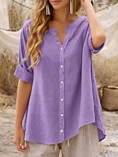 preiswerte Hemden-Damen Bluse Kunstbaumwollleinen Einfarbig Elegant Stilvoll Basic Kurzarm V Ausschnitt Normale Oberteile Täglich Blau Schwarz Purpur Grün Beige Sommer Frühling Herbst