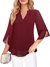 cheap Plain Blouses-Women's Blouse Solid Color Elegant Stylish Casual 3/4 Length Sleeve V Neck Regular Tops Daily Pink Wine Red Royal Blue Green Summer Spring