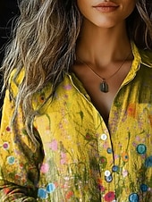 abordables Blusas Florales-Mujer Camisa Lino de algodón sintético Botones Estampado Floral Graphic Bohemia Activo Casual Manga Larga Cuello Camisero Tops regulares Diario Festivos Amarillo Primavera Otoño