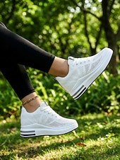 Недорогие Женские кроссовки-Белые женские дышащие кроссовки на платформе Flyknit — легкие, амортизирующие кроссовки для ходьбы, современная повседневная мода для бега, путешествий, работы, спортзала, шопинга. &amp;повседневная