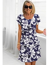 billiga Chiffongklänningar-Dam Midiklänning Sommarklänning Klänning med tryck Elegant Dagligen Normal Blommig Geometrisk Kortärmad Rund hals Ljusgul Ljusrosa Ljusrosa Dammig ros Sommar