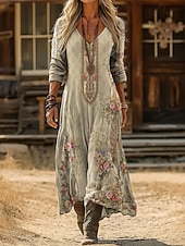  Damen Maxikleid Boho-Kleid Vintage-Kleid Freizeitkleid Vintage Täglich Outdoor Urlaub Lässiger Schnitt Blumen Langarm V Ausschnitt Blau Hellgrün Marineblau Dunkelgrün Frühling Herbst