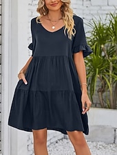 voordelige mini zwarte jurk-Dames Mini-jurk Casual jurk Katoenen jurk Zomerjurk Elegant Modieus Modern Buiten Vakantie Uitgaan Ruim Passend Effen Korte mouw V-hals Zwart Wit Leger Groen Bordeaux Zomer Lente