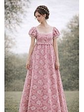 preiswerte Kleid-Retro Vintage Mittelalterlich Renaissance Bodenlang Kleid Ballkleid Kleid im Regency-Stil Puffärmel / Ballon Jacquard Blumen Kostüm Damen Halloween Karneval Abschlussball Hochzeit Maskerade Erwachsene