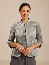  Mulheres Blusa Tops elegantes Conjunto de gêmeos Paetês Pena Elegante Manga 3/4 Colarinho Mandarim Tops regulares Festa de Noite Traje formal Cinzento Primavera Outono Inverno