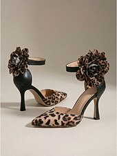 cheap Classic Pumps-Women's Leopard Print Pointed-Toe Pumps - Sexy High Stiletto Heels with Oversized Floral Ankle Detail for Evening Parties, Formal Events &amp; Bold Daily Wear