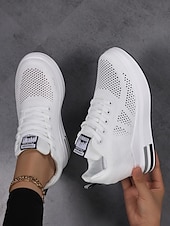 Недорогие Женские кроссовки-Белые женские дышащие кроссовки на платформе Flyknit — легкие, амортизирующие кроссовки для ходьбы, современная повседневная мода для бега, путешествий, работы, спортзала, шопинга. &amp;повседневная