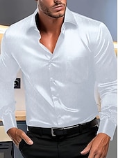 お買い得  メンズサテンシャツ-男性用 シャツ サテンシャツ ドレスシャツ ボタンアップシャツ プロムシャツ 純色 ビジネス 結婚式 ブルー 長袖 折襟 オールシーズン 衣類