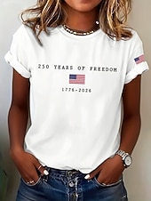  アメリカ独立記念日 女性用 Tシャツ プリント グラフィック アメリカ独立記念日 ヴィンテージ スタイリッシュ クラシック 半袖 クルーネック Ｖネック レギュラートップス 日常 ブルー ブラック ホワイト ルビーレッド グレー 夏 春