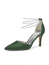 Недорогие Невеста-Женские серебристые атласные туфли на каблуке с острым носком и жемчужными ремешками на щиколотке, элегантные свадебные туфли для пляжной свадьбы.