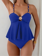 Χαμηλού Κόστους Τανκίνι-Γυναικεία Μαγιό τανκίνι 2 κομμάτι Προκλητικό Μαγιό Λεπτό Εξώπλατο Διακοπές Ρούχα παραλίας Συμπαγές Χρώμα Λαιμόκοψη V Αμάνικο Μαγιό