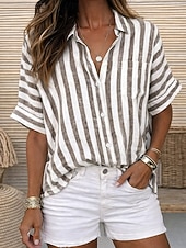 economico Camicie-Per donna Camicie effetto lino Blusa Camicia in finto lino Bottoni Stampato A righe Elegante Casual Mezza Manica Colletto a Camicia Top Regolari Quotidiano Blu Nero Giallo Rosa Verde Estate Primavera