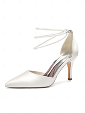 Недорогие Невеста-Женские серебристые атласные туфли на каблуке с острым носком и жемчужными ремешками на щиколотке, элегантные свадебные туфли для пляжной свадьбы.