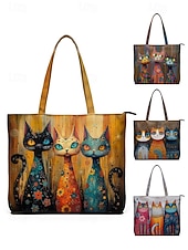cheap Vacation &amp; Travel Bags-Women's Polyester Tote Bag, Large Capacity with Zipper, Multiple Cat Designs, Perfect for Vacations, Shopping, and Everyday Casual Use
