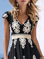 baratos Vestidos Florais-Mulheres Vestido Longo Vestido A Line Casual Ao ar livre Para Noite Normal Floral Manga Curta Decote V Preto Verão Primavera