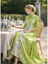 ieftine Lungimea podelei-Linia -A Lungime Podea Rochii Tip Cămașă Rochie pentru invitata de nunta Rochie formala Rochie Mama Miresei Manșon Lung Guler Cămașă Elegant Epocă Nuntă Oficial Satin cu Imprimeu Floral