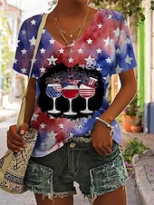  Onafhankelijkheidsdag Amerikaanse Jubileum Patriottische Dames T-shirt Print Grafisch Vlag Stijlvol Klassiek Casual Korte Mouw V-hals Reguliere Tops Dagelijks Blauw Zwart Rood Rood  Blauw Zomer Lente
