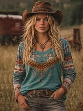 economico T-shirt Boho-Per donna Maglietta Stampato Grafico Paisley Elegante Bohemien Vintage Manica Lunga Girocollo Top Regolari Quotidiano Weekend Abbigliamento mare Blu Estate Primavera