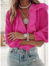 levne Jednoduché blůzy-Dámské Košile Volány Knoflíky Bez vzoru dámy Dlouhý rukáv Lucerna rukáv Košilový límec Běžné topy Denní Práce Travní zelená Trávová zelená Béžová Růžová Léto Jaro