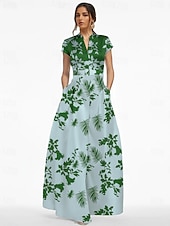 cheap A-Line Evening Dresses-A-Line Floor Length Evening Gown Formal Dress Elegant Silky Short Sleeve V Neck Wedding Formal Satin with Floral Print