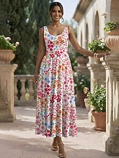 preiswerte Blumenkleider-Damen Midikleid Sommerkleid A Linie Kleid Unterkleid Faltenkleid Urlaub Lässig Boho Strand Date Normale Passform Blumen Grafik Ärmellos U-Ausschnitt Rundausschnitt Rosa Rote Grün Beige Sommer Frühling
