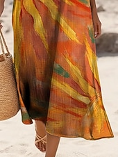  Women's Midi Dress Faux Cotton Linen Shift Dress Sundress Casual Dress Vintage Daily Outdoor Vacation Regular Fit Floral Sleeveless Crew Neck Orange Summer Spring