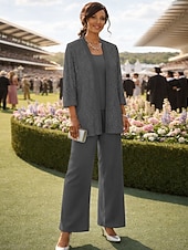 preiswerte Hosenanzüge für Mama-Dreiteilig Knöchellänge Brautmutterkleid Dreiviertelarm Rundausschnitt Party Glanz &amp; Glamour Hochzeitsgast Hochzeitsfeier Familientreffen Chiffon Spitze mit Paillette Einfarbig