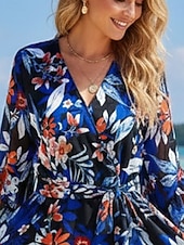 cheap Floral Dress-Women's Mini Dress A Line Dress Vacation Casual Outdoor Going out Regular Fit Floral 3/4 Length Sleeve V Neck Blue Summer Spring Fall