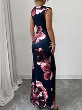 voordelige Bloemenjurk-Dames Maxi-jurk Satijnen Jurk Bodycon Bloemetjesjurk Jurk met print Elegant Modieus Modern Buiten Vakantie Feest Normale pasvorm Bloemig Mouwloos Strakke ronde hals Marineblauw Zomer Lente