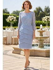 Недорогие Длина чая-Футляр До колена Платье для вечеринки Коктейльные платья Свадебное платье для гостей Платье для матери невесты Длинный рукав Вырез под горло Элегантный стиль Официальные Свадебный гость Шифон Кружева