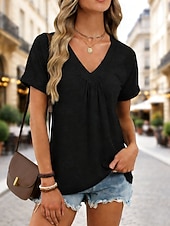 preiswerte Einfarbiges T-Shirt-Damen T Shirt T-Shirt Einfarbig Elegant Vintage Mode Kurzarm V Ausschnitt Normale Oberteile Täglich Sport Wochenende Blau Schwarz Weiß Rosa Grün Sommer Frühling Herbst