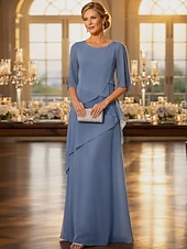 cheap Floor Length-A-Line Floor Length Wedding Guest Dress Formal Dresses Tiered Dress Mother of the Bride Dress Half Sleeve Jewel Neck Elegant Vintage Simple Formal Chiffon with Ruffles Cascading Ruffles
