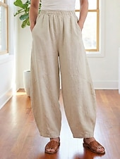 billiga Premium Linnekollektion-Dam Byxor av linne i bomull Kinesiska Sommarbyxor underbyxor Semester Streetwear Grundläggande Fullängd Medium Midja Slät Ficka Elastiskt midjeband Bekväm Komfort Microelastisk Dagligen Utomhus Gata