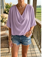 baratos Blusas e Camisas-blusa feminina elegante elegante cor sólida franzido manga morcego comprimento 3/4 manga regular tops gola alta trabalho diário preto branco amarelo rosa céu azul verão primavera outono