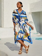 preiswerte Blumenkleider-Ozeanblauer Orchideen-Seidensatin-Kaftan