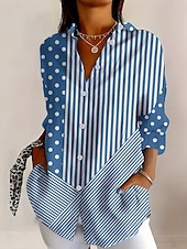 voordelige Strepen- en Geometrische Blouses-Dames Overhemd Blouse Lapwerk Knop Afdrukken Grafisch Geometrisch Ruitjes Vintage Tropisch Dagelijks Lange mouw Overhemdkraag Lange tops Dagelijks blauw Blozend Roze Licht Paars Zomer Lente