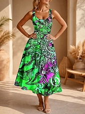 voordelige Boho Jurken-Dames Halflange jurk Zonnejurk A lijn jurk Vakantie Casual Boho Strand Afspraakje Normale pasvorm Grafisch Tribal Mouwloos U-hals blauw Paars Oranje Groen Zomer Lente