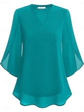 cheap Plain Blouses-Women's Blouse Solid Color Elegant Stylish Casual 3/4 Length Sleeve V Neck Regular Tops Daily Pink Wine Red Royal Blue Green Summer Spring