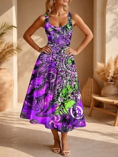 voordelige Boho Jurken-Dames Halflange jurk Zonnejurk A lijn jurk Vakantie Casual Boho Strand Afspraakje Normale pasvorm Grafisch Tribal Mouwloos U-hals blauw Paars Oranje Groen Zomer Lente