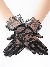 baratos Casamento ACC-Luvas femininas de poliéster com renda, design floral elegante e transparente, macias e leves, estilo clássico vintage em diversas cores, ideais para noivas, casamentos, festas noturnas, formaturas e eventos formais.