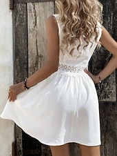 baratos Vestidos de renda branca-Mulheres Minivestido Vestido de renda Vestido branco Elegante Moda Moderno Ao ar livre Férias Para Noite Normal Tecido Sem Manga Decote V Preto Branco Verão Primavera