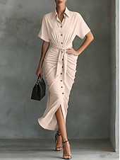 cheap Plain Dress-Women's Midi Dress A Line Dress Summer Dress Vacation Casual Regular Fit Plain Short Sleeve V Neck Blue Pink Red Green Summer Spring