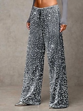 baratos perna larga e cintura alta-Mulheres Calças Calça casual Reto Moda Roupa de rua Básico Comprimento total Cintura Alta Tecido Paetês Bolsos Cintura elástica Confortável Micro-Elástica Diário Férias Festa Preto Azul Marinha Azul